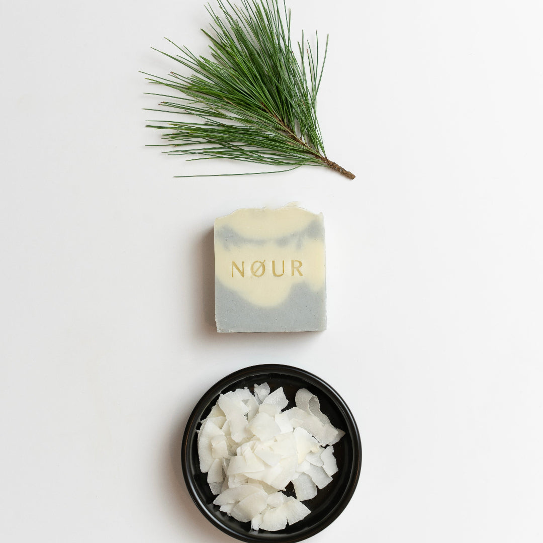 nour seife cloud dekoriert mit Zedernzweig und kokosflocken Seife