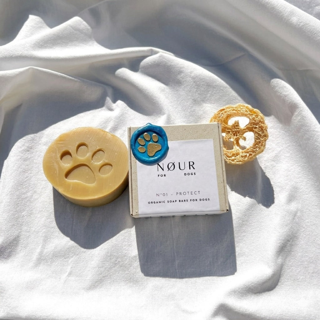 Handgemachte Hundeseife mit Niemöl und Hanföl, kaltgesiedet, 100 g, NØUR Seife mit Verpackung aus Graspapier-kompostierbar