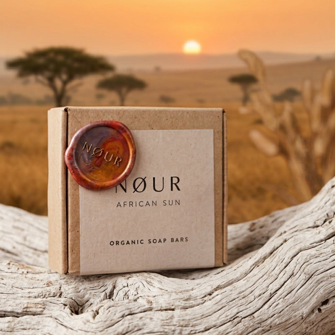 Verpackung von African Sun. Im Hintergrund afrikanische Steppe mit untergehender Sonne 
