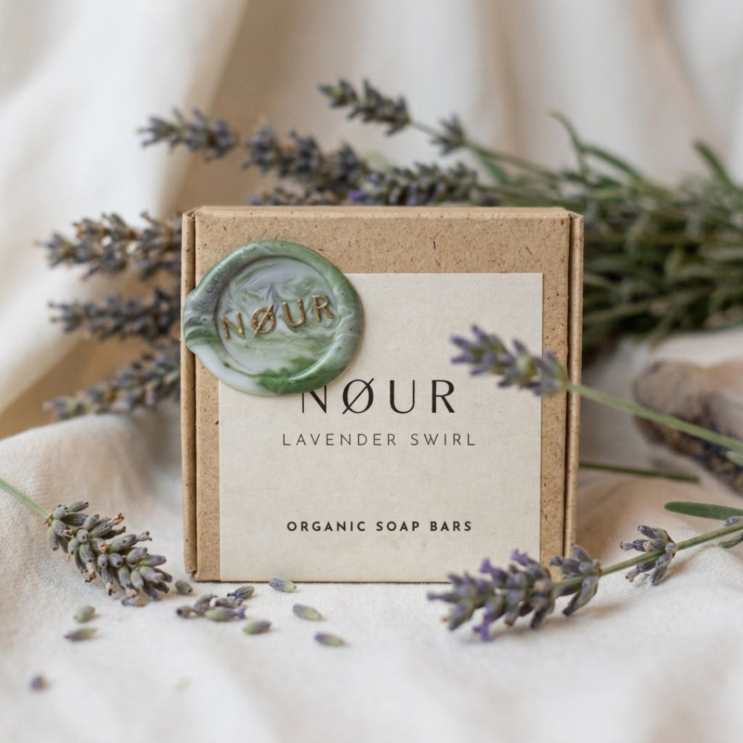 Lavender Swirl Verpackung mit Lavendelzweigen