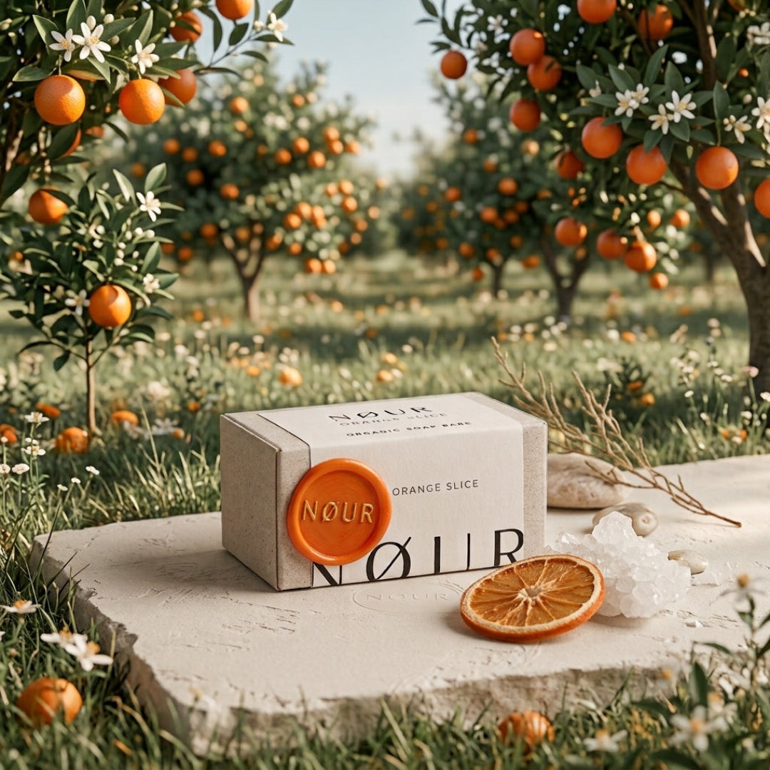 Verpackung Orange Slice auf einer Natursteinplatte mit Orangenscheibe und Salzkristallen im Orangenhain.