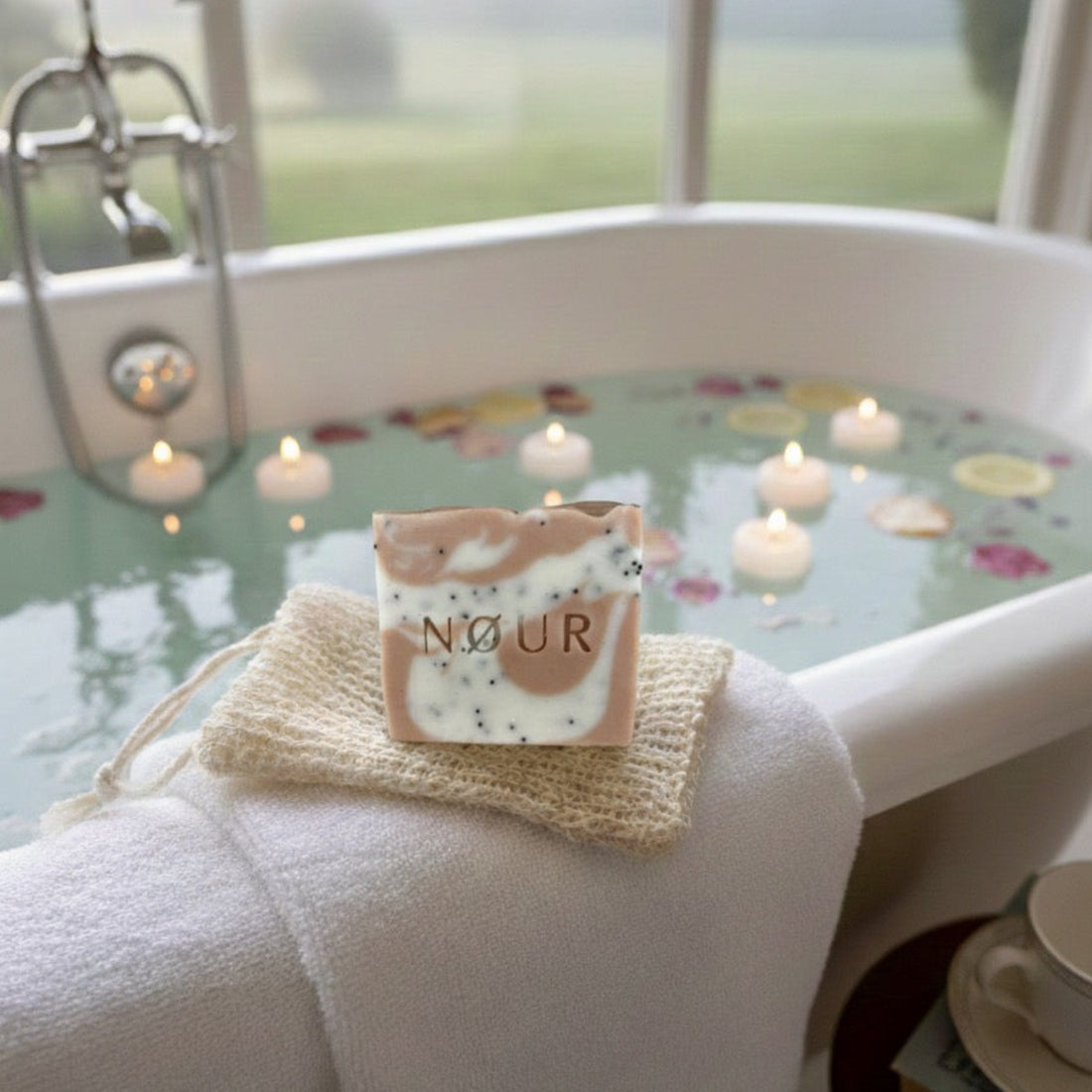 Peelingsaeckchen mit Seife auf Badewanne