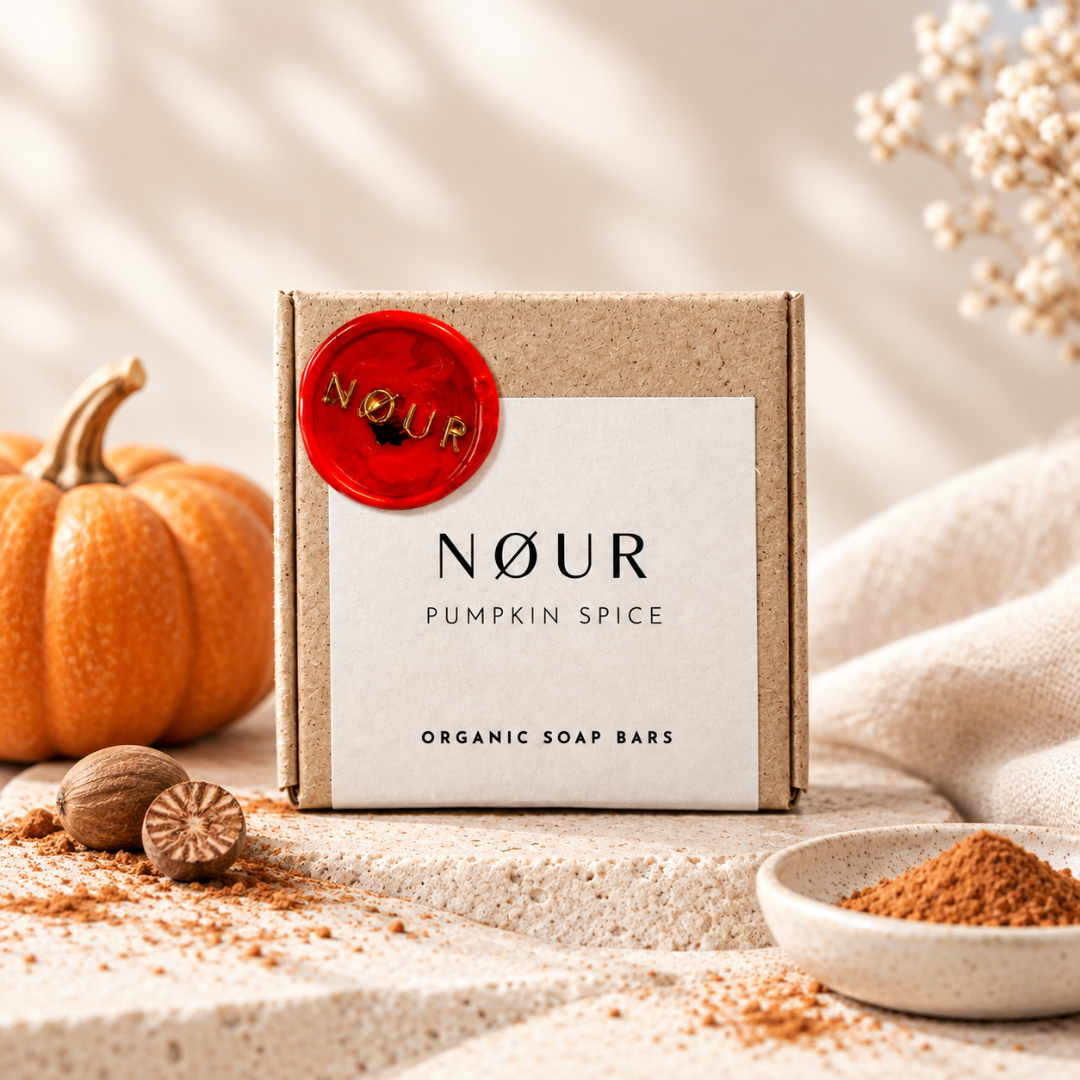 Verpackung von Pumpkin Spice auf hellem Sandstein mit Deko Gewürze und Kürbis