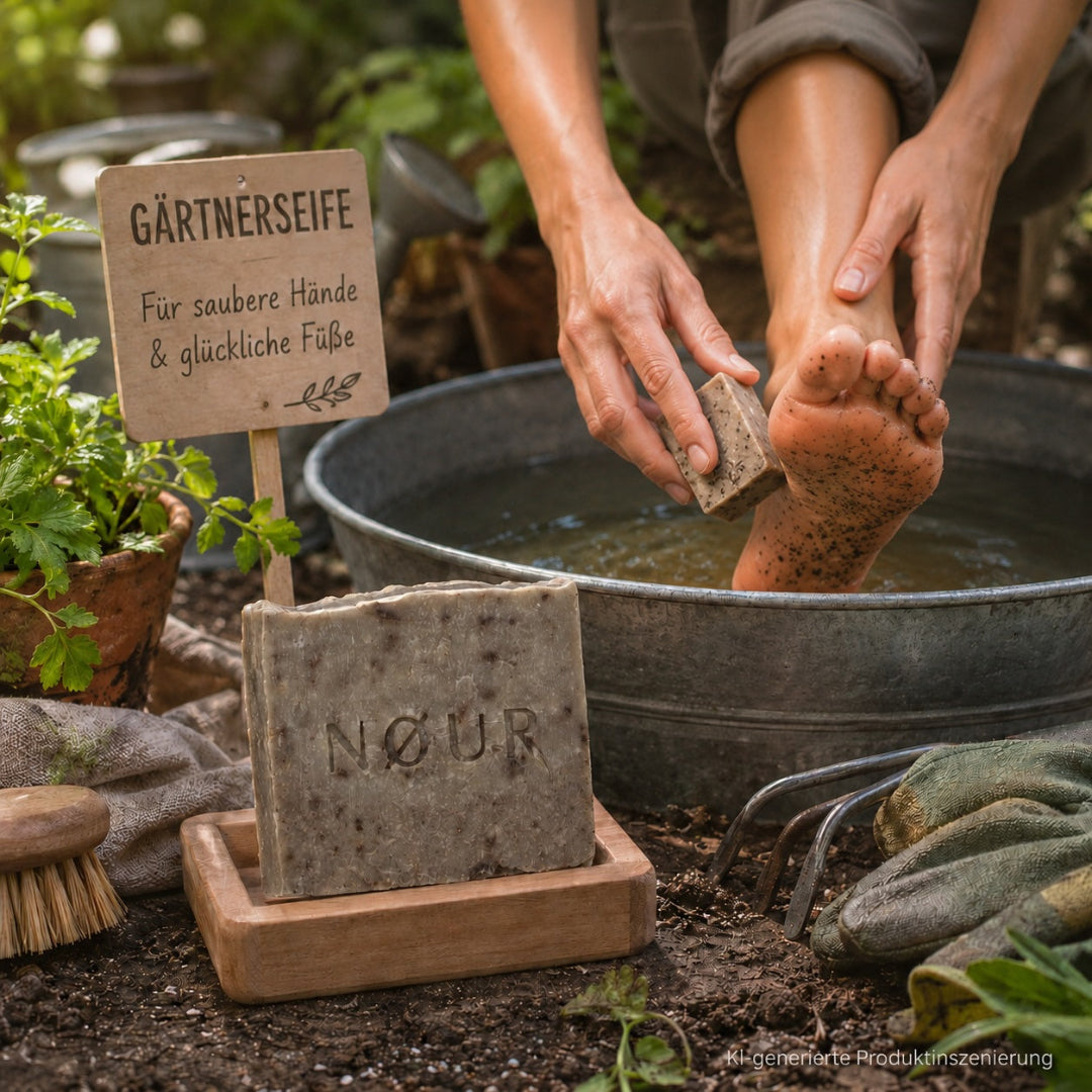 Scrubby beim Füsse schrubbeln nach Gartenarbeit