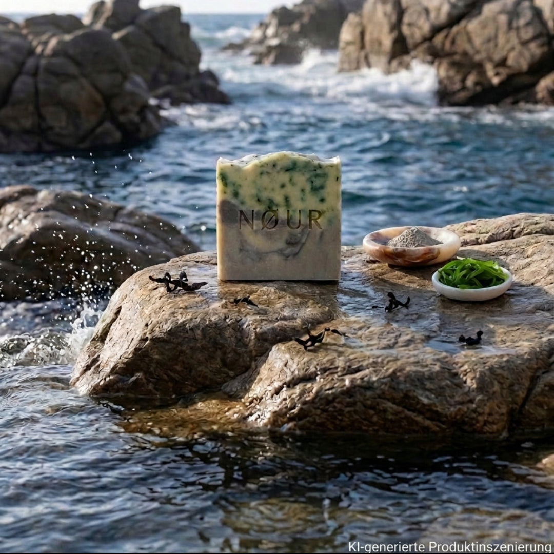 Sea Rock auf einem Felsen im Meer mit Algen und Tonerde