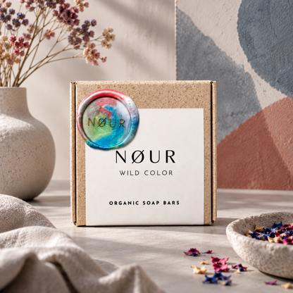 Verpackung von Wild Color mit buntem Blüten-Potpourri, einer Vase und einem Gemälde im Hintergrund
